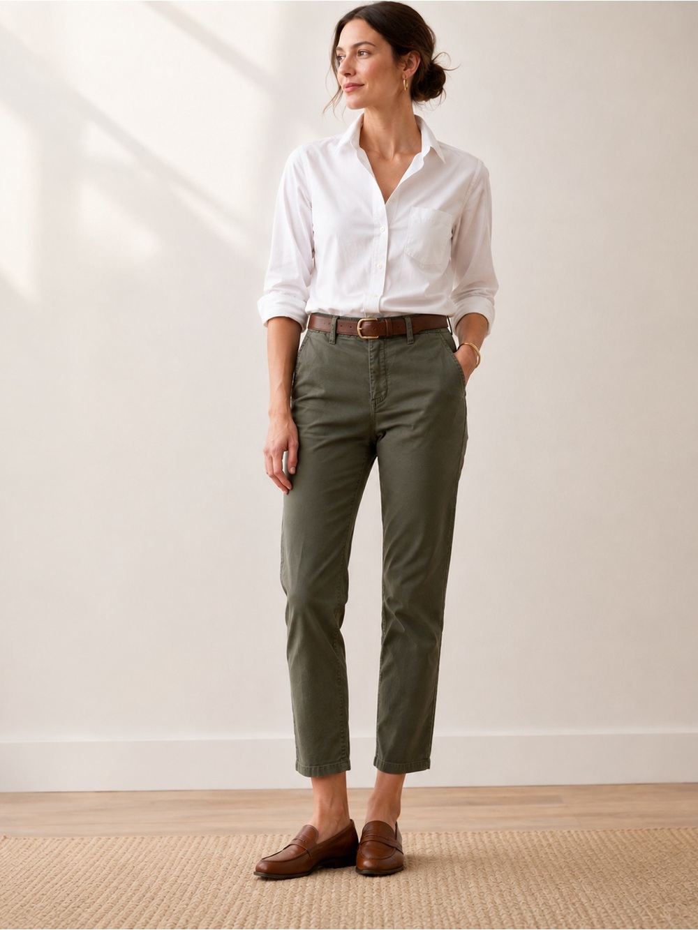 Crew Vintage Straight Chino Pants 26 Olive Green Cropped Ankle Stretch